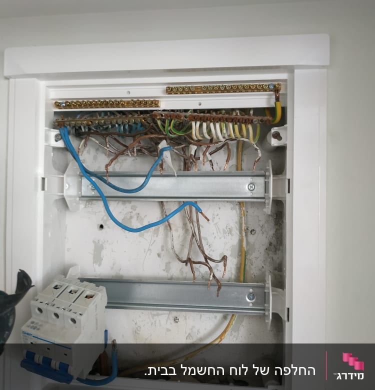 לוח חשמל פתוח עם חוטים חשמליים ומפסק